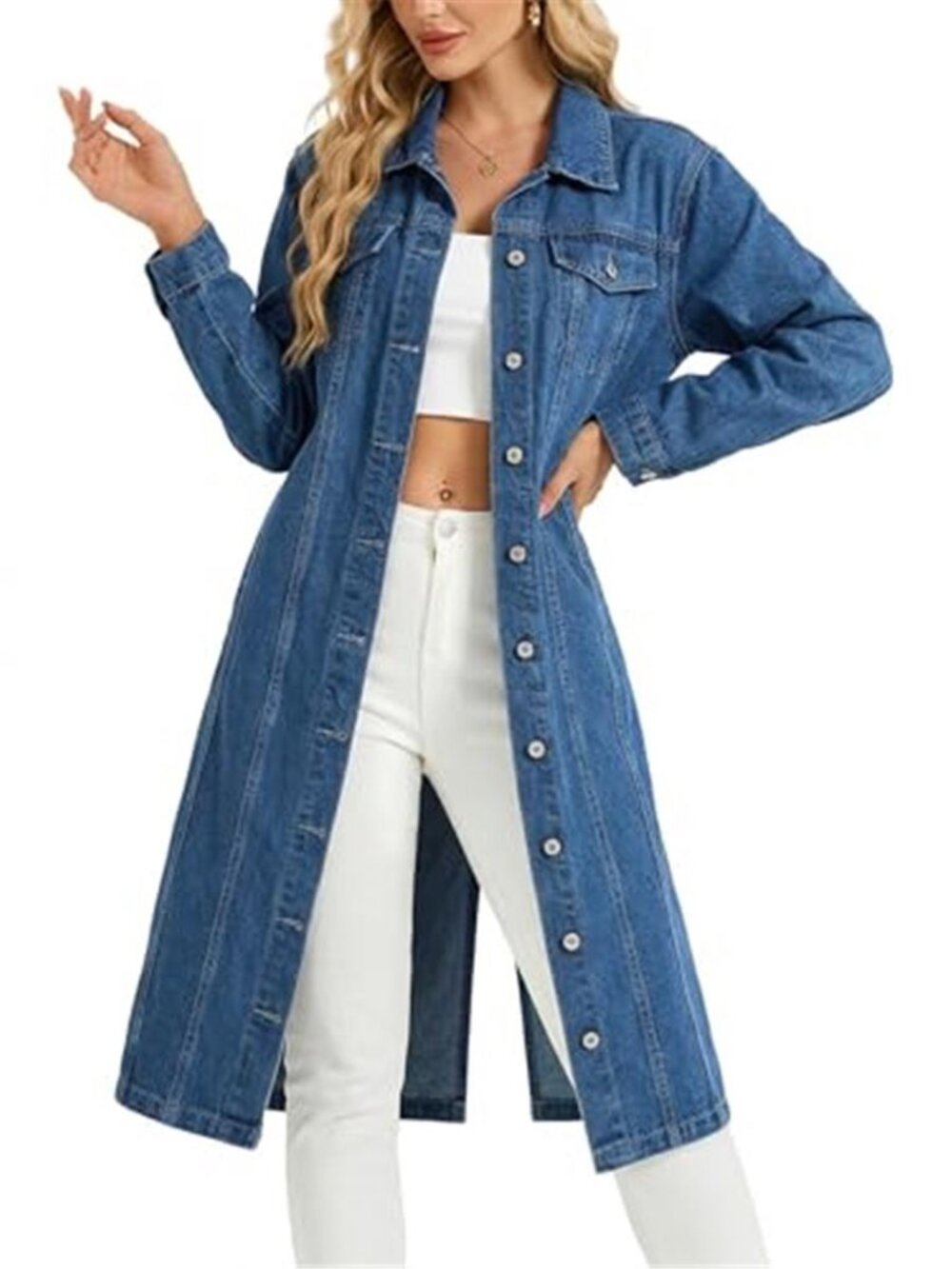 Women's Denim Jacket Midi Long Jean Trench Coat With Pocket